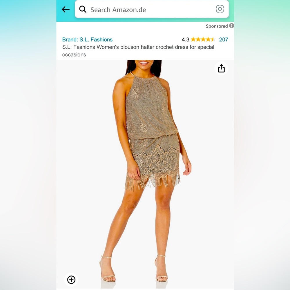 Ignite Evenings Halter Chain Neck Crochet Fringe Metalic Blouson  Cocktail Dress